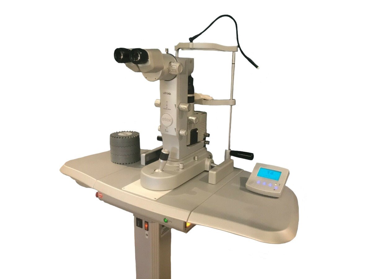 Ellex Ultra Q Ophthalmic YAG Laser System with Factory Power Table LQP3106 U Refurbished ELLEX Eyecubed I3 A Scan w Printer, Keyboard, Footswitch & Probe